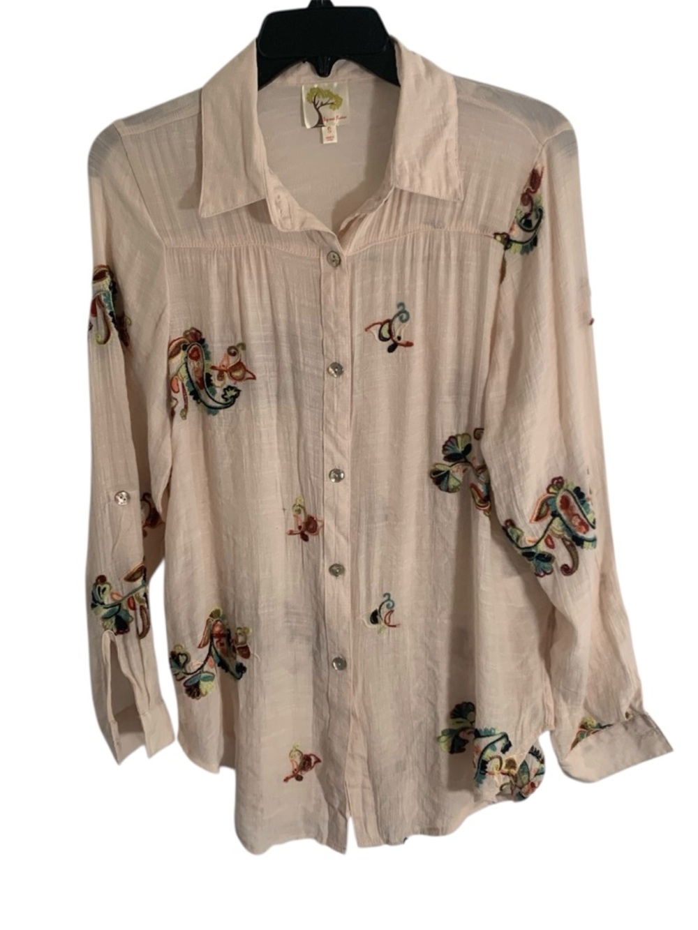Fig and Flower Ivory Embroidered Button-Down Shirt Anthro Ladies Sz Small